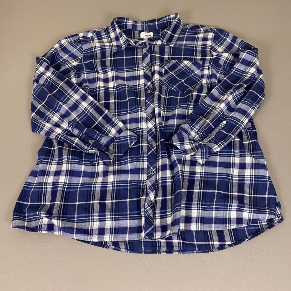 Sonoma Goods For Life Flannel Shirt Womens Plus 3X Blue White Plaid Cotton